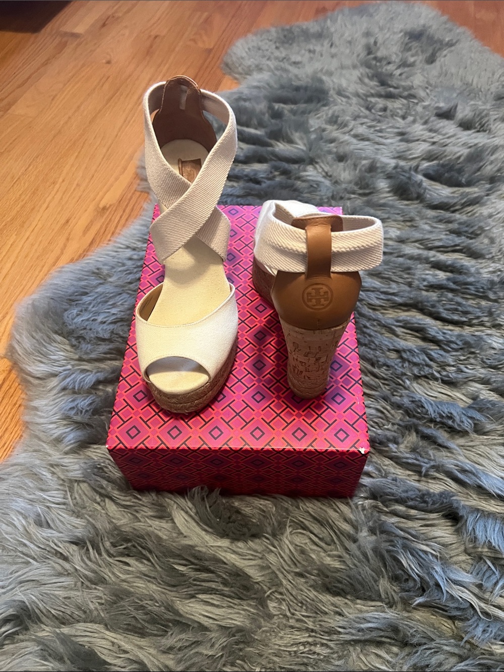 Tory Burch White Canvas Espadrille Wedge Sandals